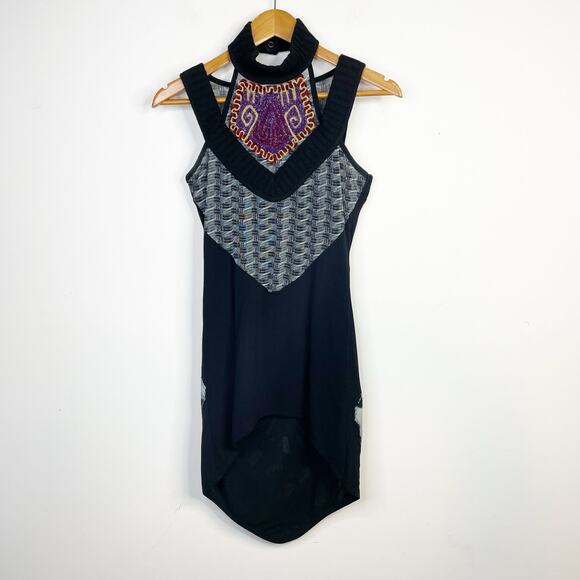 Save the Queen Y2K Mesh Halter Sleeveless Hi Low Chenille Tunic Top Black L - Picture 1 of 15